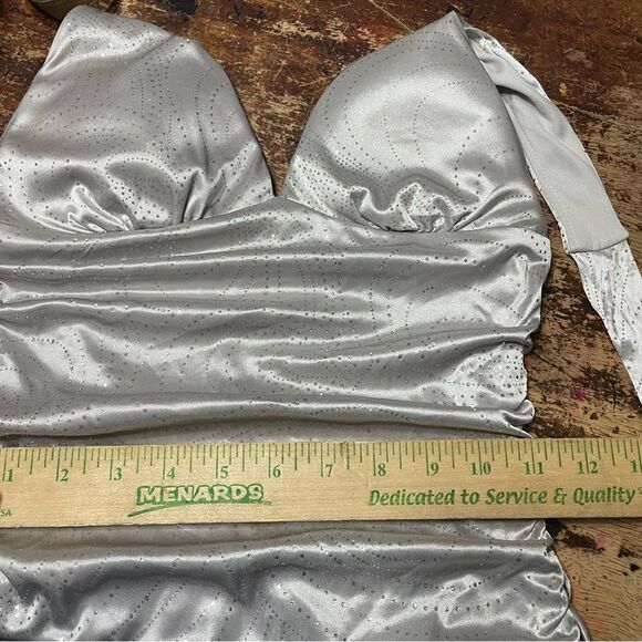 Vintage Y2K S Boho Glam Dress Silver Slinky Drop Waist Fairy Goth Metallic‎ - Picture 5 of 7